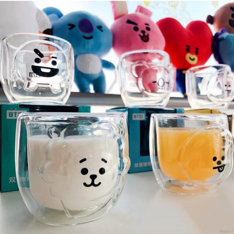 BT21雙層玻璃杯子BTS防彈少年團卡通隔熱水杯咖啡杯茶杯300ml