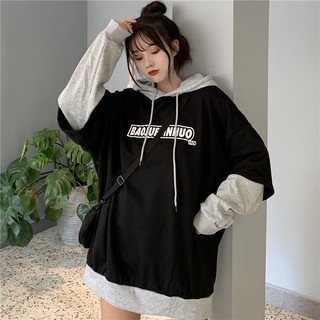 蔓莎💞棉2023秋季薄款連帽衛衣女寬松字母印花拼接假兩件長袖T恤女裝 上衣 衣服 女生衣著