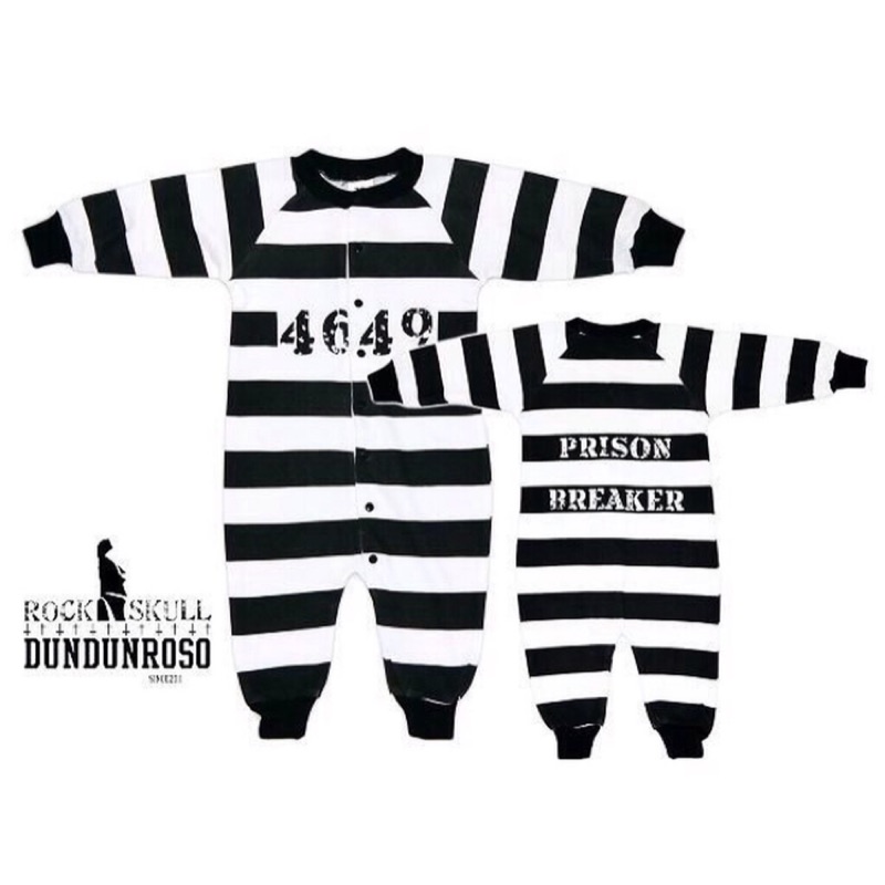 《最後2件》日本原宿童裝品牌 1歲新生兒長袖包屁衣 搖滾黑白粗條紋囚犯裝 寶寶角色扮演 萬聖節嬰兒變裝 搞怪睡衣