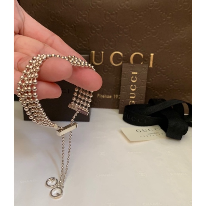 GUCCI *925純銀串珠*雙G logo墜飾手鍊（🙋近新；手鍊共有5排串珠，可調節長度！美品！優惠價！）