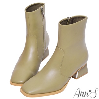 Ann’S造型電鍍梯形粗跟方頭短靴4.5cm-卡其(版型偏小)