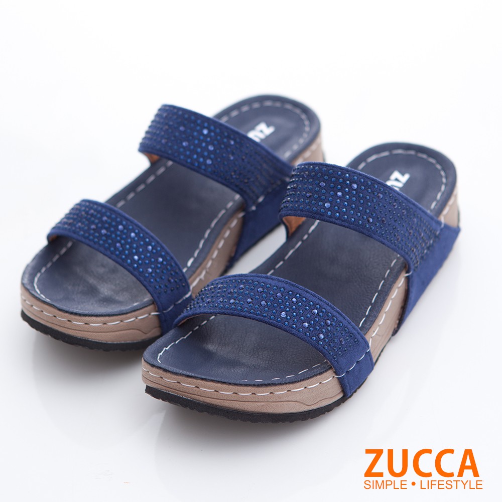 【ZUCCA】細碎鑽橫紋平底拖鞋-z6817lc-藍