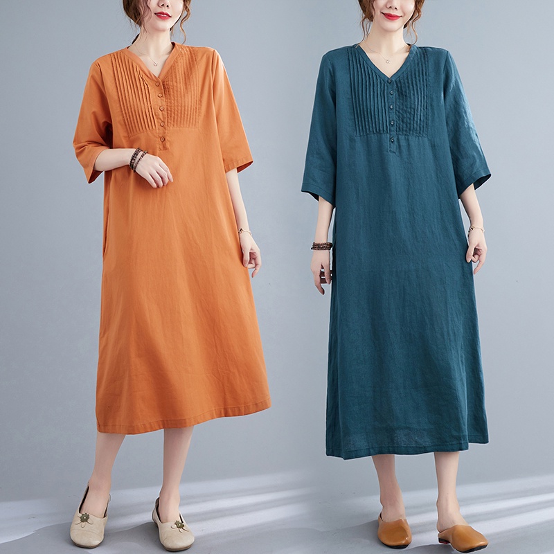 棉麻洋裝 3色可選 短袖洋裝連身裙 夏季 新款 寬鬆顯瘦 素面洋裝 亞麻長洋裝