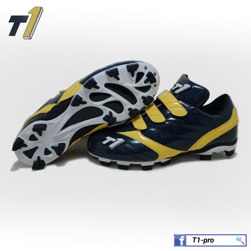 T1客製化低筒膠釘壘球鞋/深藍色-黃色/魔鬼氈/硬式TPU膠釘大底