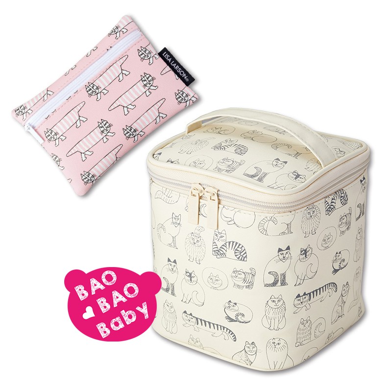 🍓寶貝日雜包🍓LISA LARSON米色箱型化妝包+粉色小物包兩件組 貓咪 化妝箱 零錢包 耳機包 鑰匙包 收納包