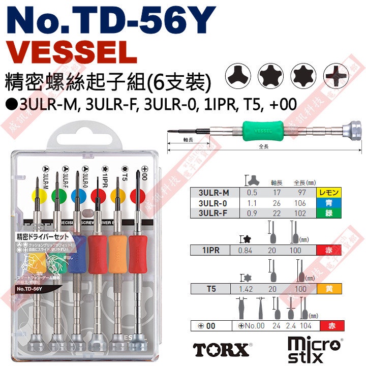 威訊科技電子百貨 No.TD-56Y VESSEL TORX MICRO STIX 精密螺絲起子組(6支裝)