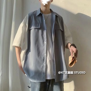 短袖襯衫 m-3xl 五分袖拼接襯衣 ins 寬鬆帥氣短襯衫男 休閒韓版襯衣 男女同款 潮流百搭上衣 潮男必備