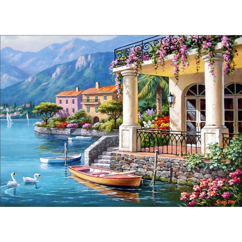 4915 3000片歐洲進口拼圖 PER 繪畫風景 歐洲 海 船 湖畔旁的別墅 SUNG KIM