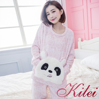 【Kilei】女生睡衣 保暖睡衣 睡衣套裝 熊貓裝扮口袋水貂絨長袖二件式睡衣組XA4283(紅粉混白)全尺碼