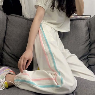 春夏季彩虹條紋褲女寬鬆束腳運動褲哈倫褲長褲休閒