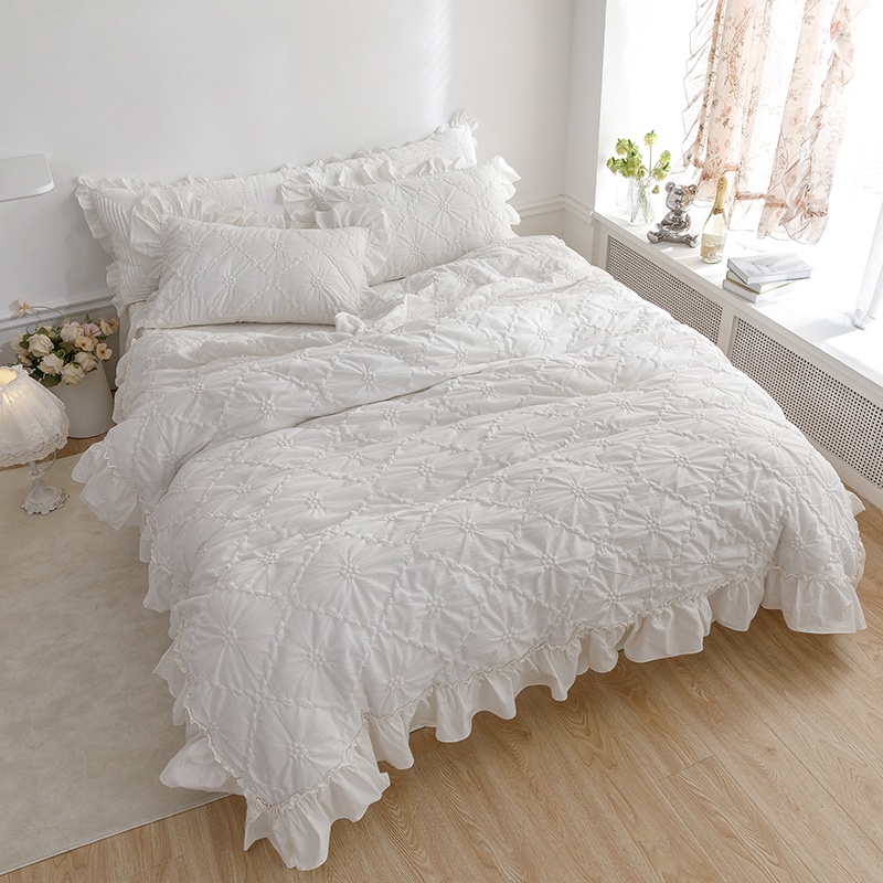 水洗棉 床裙組 床罩組 兩用被床罩組 白色 戀歌 兩用被 鋪棉被套 薄床罩 有隱藏床包