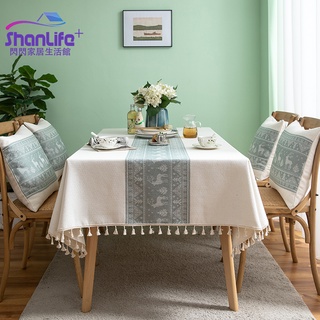 【shanlife】桌布布藝棉麻小鹿流蘇桌布 長方形自帶桌旗餐廳咖啡廳裝飾餐桌布 茶几布 蓋巾拍攝背景布 現貨