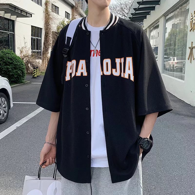2022男女棒球襯衫短袖男夏季美式字母印花華夫格襯衫外套