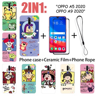 2 IN 1 OPPO A5 2020 OPPO A9 2020 手機殼帶鋼化玻璃陶瓷膜螢幕保護膜可愛人物系列