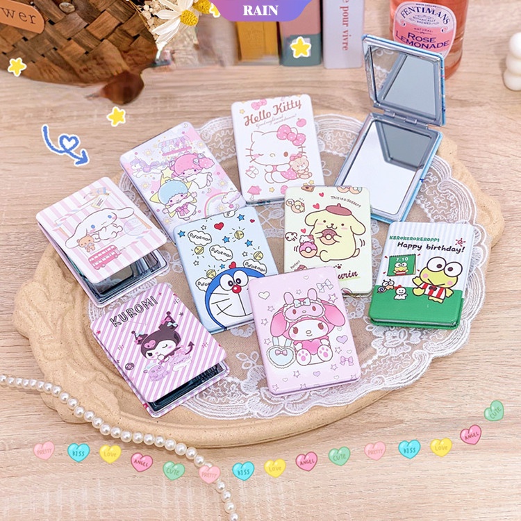 卡哇伊 Sanrio My Melody Hello Kitty Pom Purin 卡通 PU 矩形折疊鏡便攜式雙面化