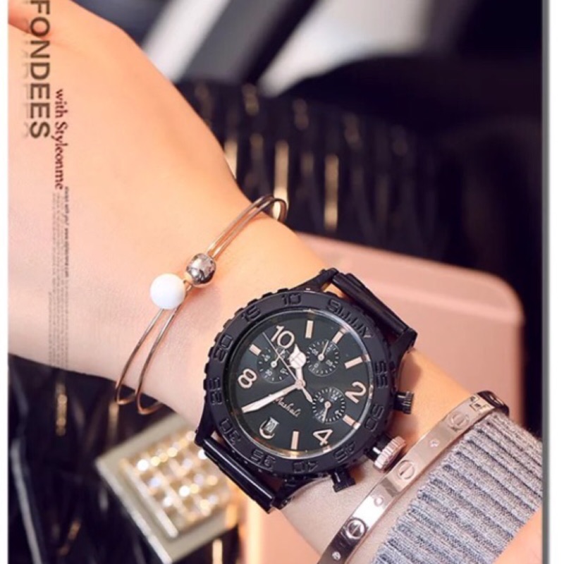 瑞士Mashali歐美品牌 韓版時尚奢華三眼多功能，日曆，槍色鋼帶大錶盤手錶/腕錶（原廠全配）(類似MK )