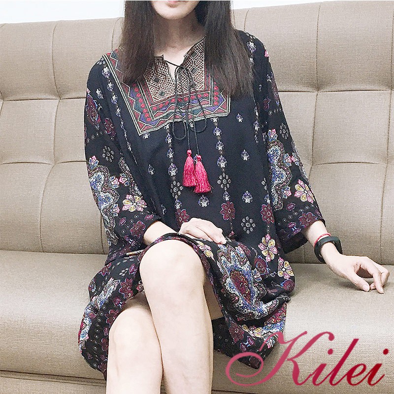 【Kilei】女裝 異國風洋裝 連身裙 波西米亞 民族感圖騰印花短版流蘇綁結洋裝XA3734-05(典雅黑色)全尺碼