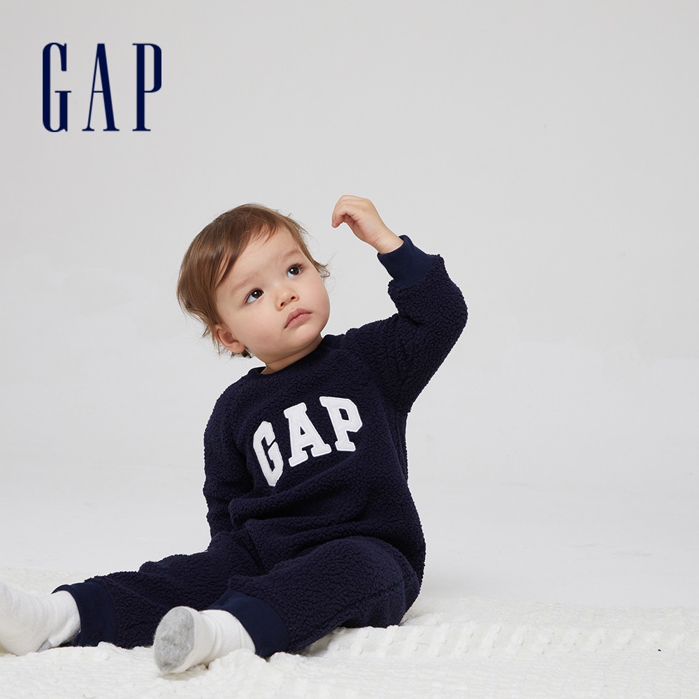 Gap 嬰兒裝 Logo仿羊羔絨長袖包屁衣-海軍藍(665534)