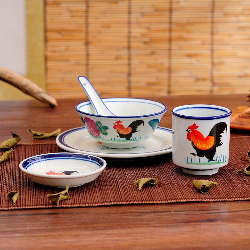 中式青花瓷餐具 公雞碗 公雞碗碟組 陶瓷中式餐廳飯店擺臺火鍋店四件套公雞碗碟套裝酒店餐具擺臺 中式復古 中式餐具