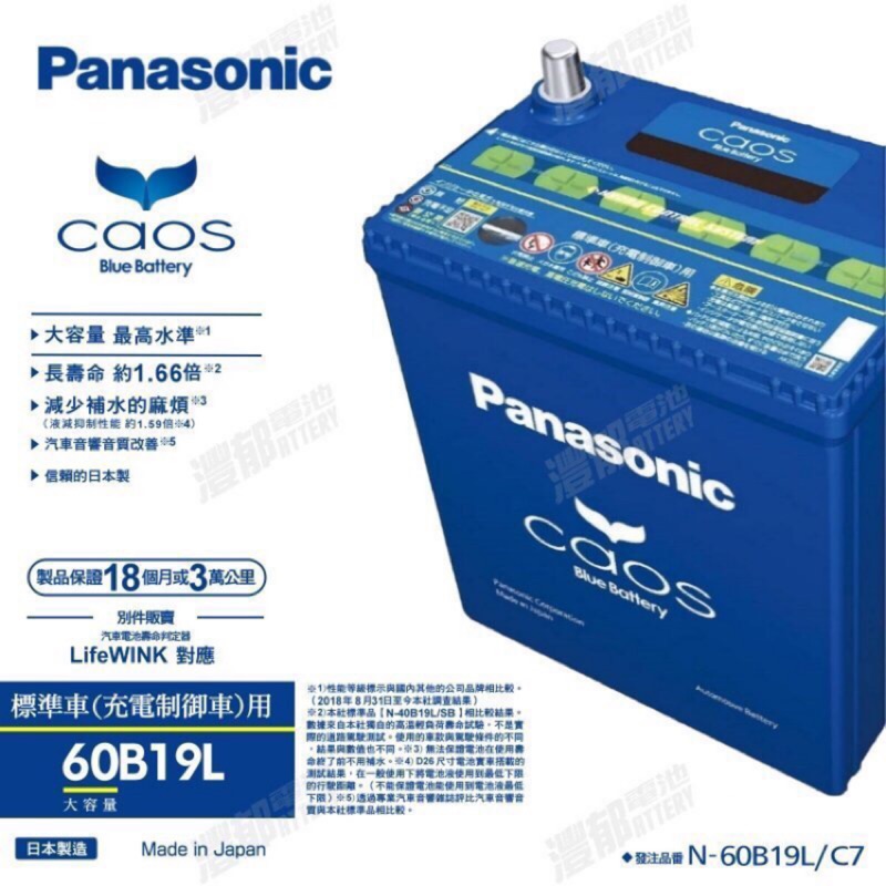 『灃郁電池』日本原裝進口 Panasonic Caos 銀合金免保養 汽車電池 60B19L (38B19L）加強版