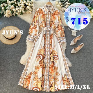 JYUN'S 初秋新款宮廷風氣質復古POLO領收腰顯瘦圖騰印花長裙禮服長袖洋裝連身裙長洋裝大尺碼1色M/L/XL預購