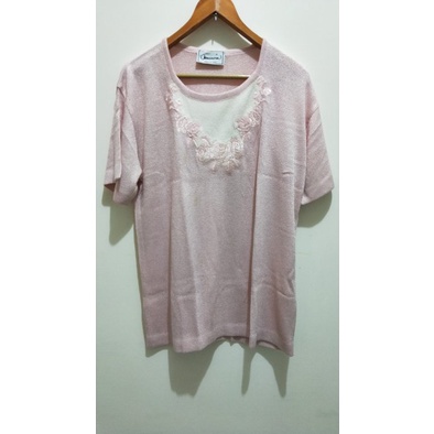 義大利製造 柔軟淡粉色紗疊層葉子刺繡寬鬆羊毛短袖針織毛衣衫 短袖毛衣針織衫