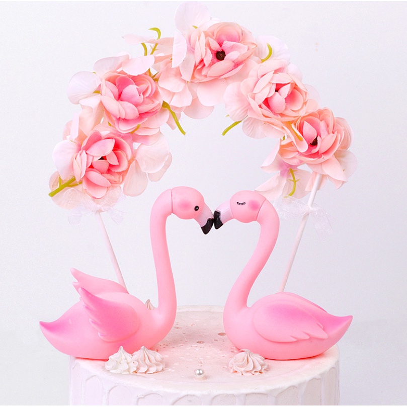 粉色火烈鳥蛋糕裝飾 天鵝蛋糕裝飾  DIY  結婚週年 生日 情人節裝飾