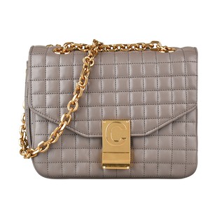 CELINE C CHARMS金字LOGO格紋縫線小牛皮扣式鏈帶肩揹包(灰)