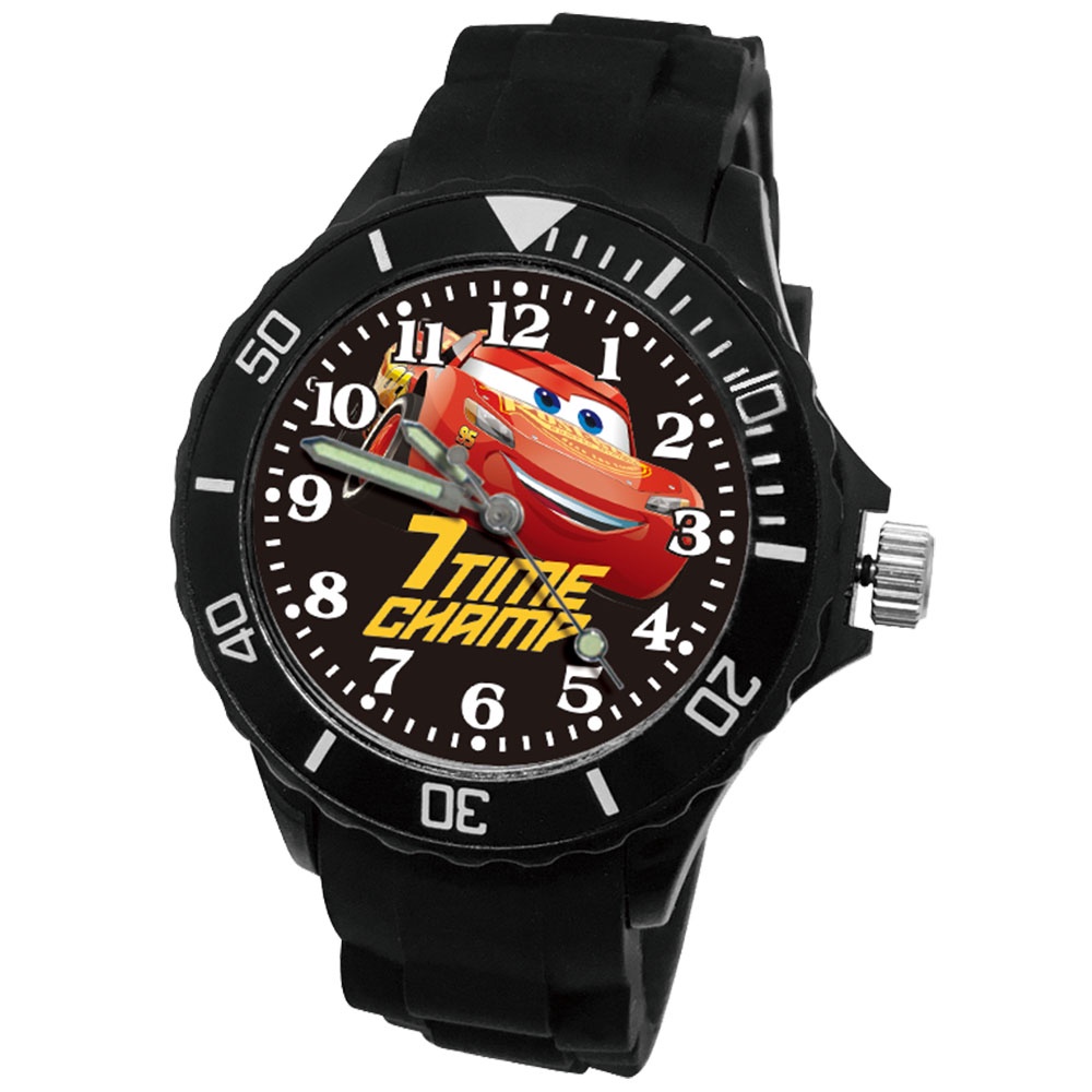 【迪士尼X皮克斯】Cars閃電麥坤  運動彩帶手錶 黑色 中款 正版授權 轉圈趣味手錶 兒童手錶