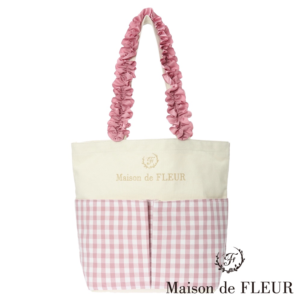 Maison de FLEUR 格紋系列前袋荷葉捲邊帆布托特包【M】(8A22F0J3500)