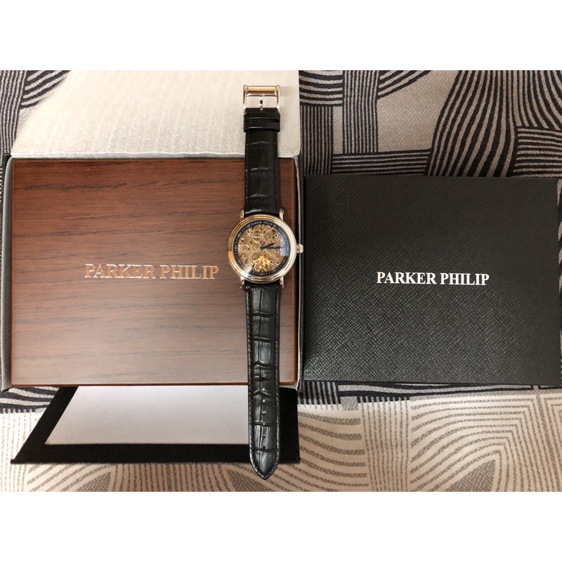 Parker Philip派克菲利浦 簍空機械錶 鱷魚紋皮錶帶 黑銀色