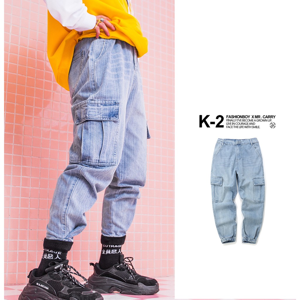 【K-2】直條 淺刷色 工裝 縮口 束口 工作褲 牛仔褲 028-A03