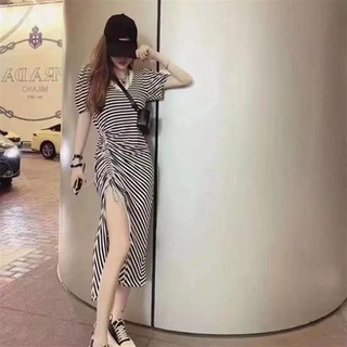 性感洋裝 一字肩 POLO領連身裙 設計感長裙子開叉網紅韓版修身顯瘦連身裙女裝4F120-A 1456 衣時尚