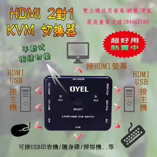 PC-140 二對一 HDMI KVM 手動式 切換器 4K2K 2電腦共用1套螢幕鍵盤滑鼠 適用微軟蘋果Linux