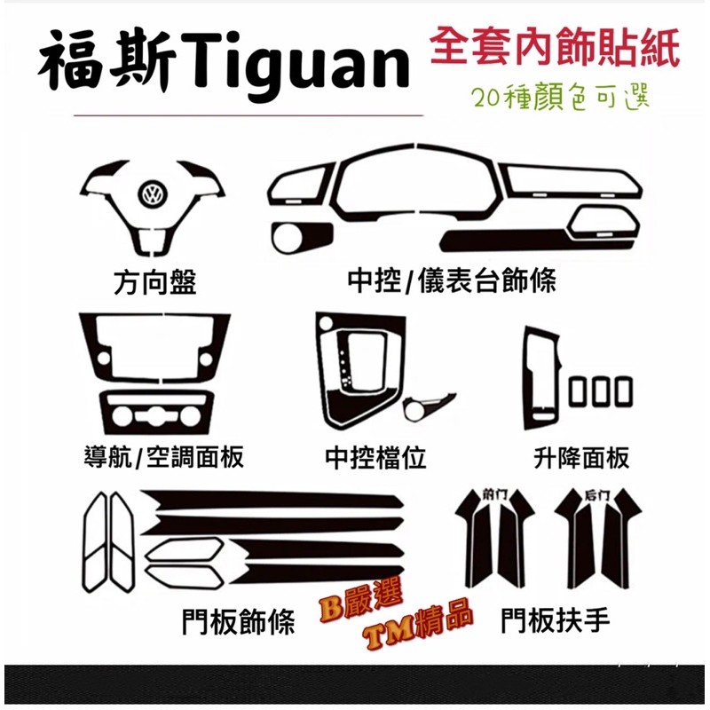 Tiguan 內飾貼紙 5D 卡夢 碳纖維 16色可選 方向盤貼 中控貼 空調面板 音響面板 排檔面板 升降窗 車門飾板