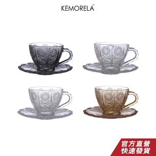 KEMORELA 北歐復古浮雕花卉圖案咖啡杯豪華水咖啡茶奶杯濃縮咖啡玻璃杯碟套裝套裝