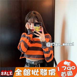 🔥斷貨出清🔥 B49 日系古著短款 polo衫/衛衣女/韓版/寬鬆/條紋上衣/慵懶風/長袖T恤/短版上衣/長袖短版T