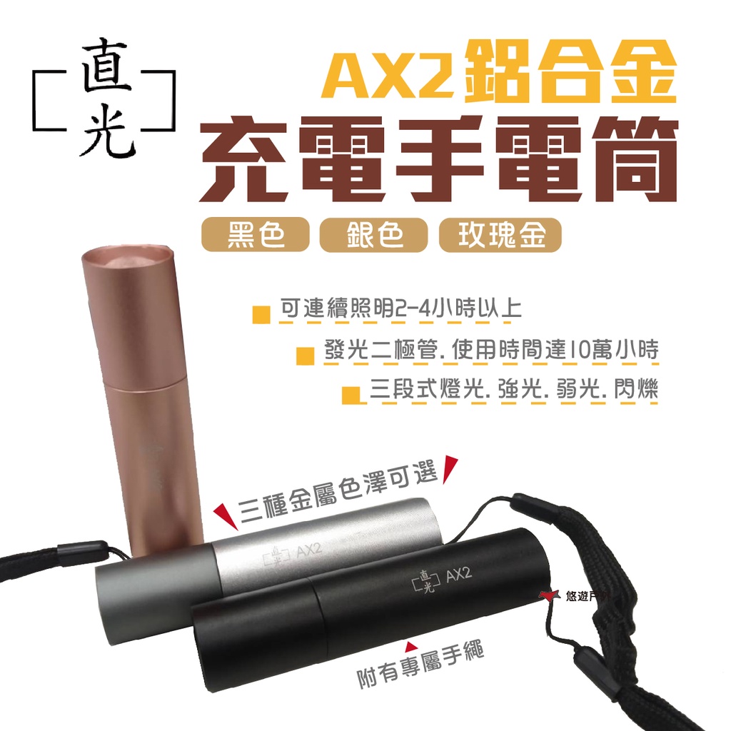 【ZHICO直光】AX2鋁合金充電手電筒 玫瑰金 三段式調光 可調焦 可連續照明1-3h   露營 悠遊戶外