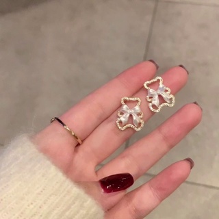 【現貨開發票】S925銀針 韓版 鑲鑽蝴蝶結小熊耳釘 蝴蝶結耳釘 鑲鑽耳環 小熊耳釘 宴會禮服耳環 法式耳環