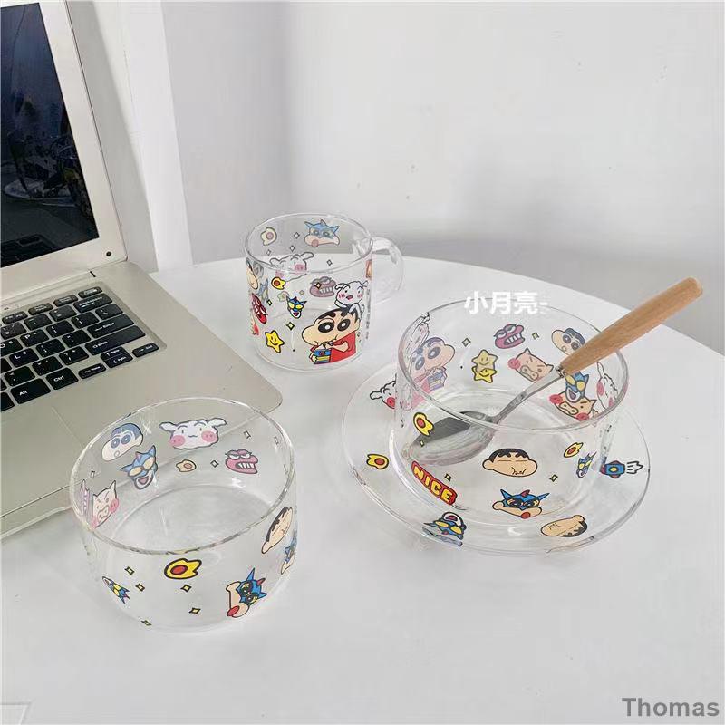 Thomas小舖Ins風 日系蠟筆小新 耐熱沙拉碗 玻璃碗 玻璃杯 玻璃盤 甜品盤 玻璃餐具