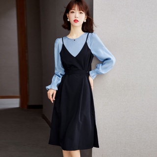 愛依依 洋裝 拼接裙 棉花糖女裝S-XL新款高級感氣質連身裙假兩件吊帶裙子T604-1725.