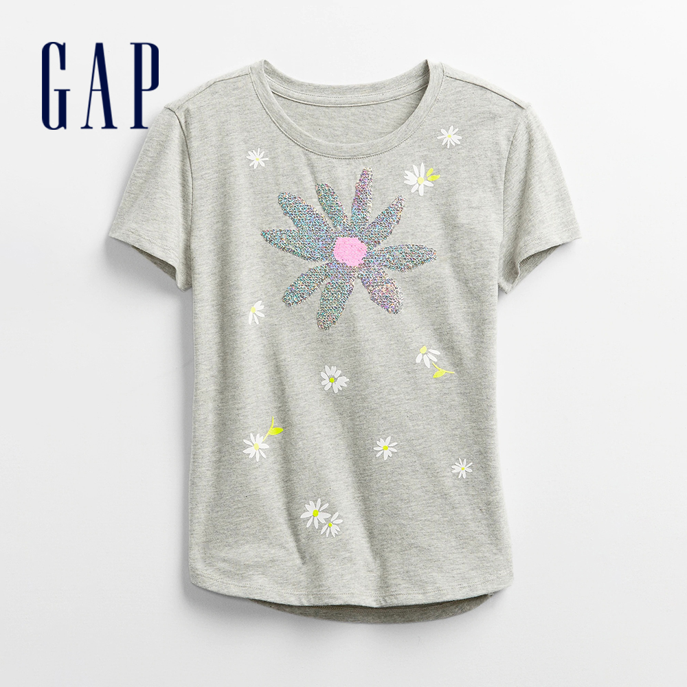 Gap 女童裝 翻轉亮片圓領短袖T恤-灰色(778941)