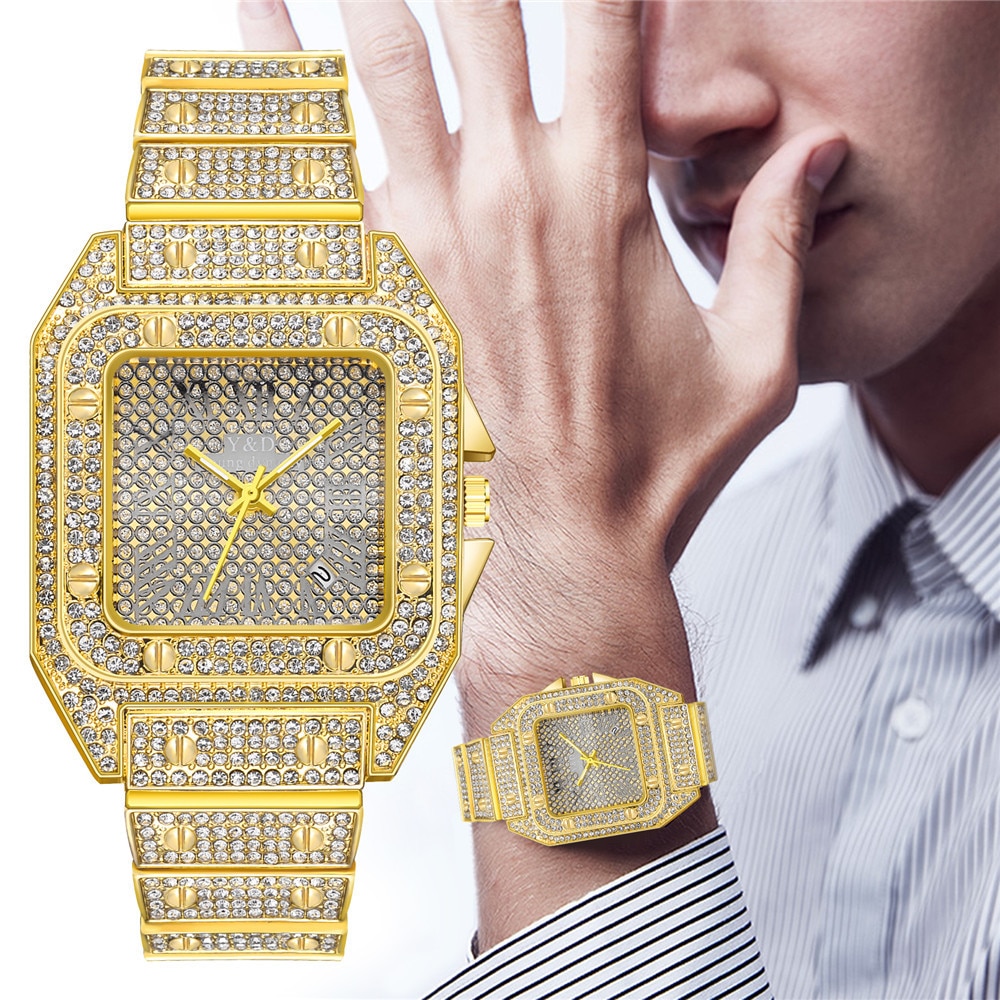 男士黃金手錶豪華水鑽方形石英不銹鋼手錶男士運動手錶男時鐘