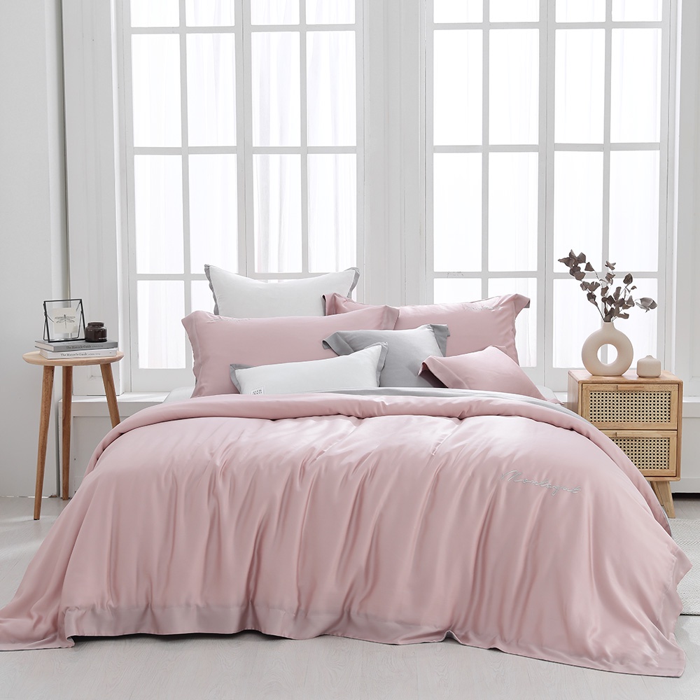 薄櫻粉/純色刺繡-300織紗100%萊賽爾纖維-天絲薄被套床包組