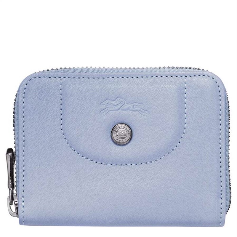 （全新正品）Longchamp Le Pliage Cuir - 小羊皮拉鍊零錢包（迷霧藍）附紙盒、品卡