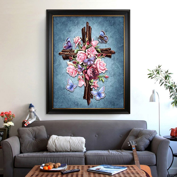 玫瑰花十字架鑽石畫滿鑽耶穌客廳新款基督教磚石十字繡粘貼畫小幅