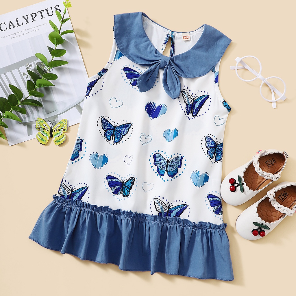 1-6 歲小孩蹣跚學步的女孩夏季連衣裙藍色蝴蝶百褶連衣裙可愛嬰兒服裝假日街頭服飾