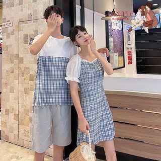 【COUPLE】😘😘2022夏季情侶裝女短袖連衣裙男拼色短袖T恤衫