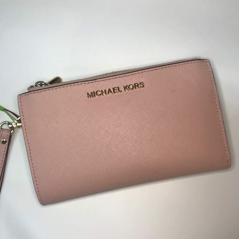 （現貨）Michael Kors 皮夾 MK長夾 十字紋/雙拉鏈/手腕袋/零錢袋/雙層手拿包/手機可放 粉色