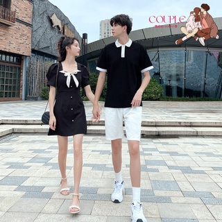【COUPLE】❤情侶裝❤夏季2020新款女氣質方領短款連衣裙男短袖T恤衫